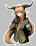  1girl ahoge animal_ear_fluff animal_ears arknights arm_behind_back armband armor asymmetrical_sidelocks black_gloves black_necktie blonde_hair breasts bright_pupils buttons closed_mouth collared_shirt commentary_request cropped_torso crossed_bangs degenbrecher_(arknights) double-parted_bangs dress_shirt expressionless from_side gloves goat_ears goat_girl goat_horns green_jacket grey_background hair_between_eyes hair_flowing_over hand_up highres holding_necktie horns insignia jacket lapels light_blush long_bangs long_hair long_sleeves looking_at_viewer looking_to_the_side medal medium_breasts military military_jacket military_uniform necktie noa_(86380828) notched_lapels orange_shirt outline pauldrons pocket print_armband shadow shirt shoulder_armor sidelocks simple_background single_pauldron single_shoulder_pad solo standing uniform upper_body v-shaped_eyebrows very_long_hair white_armband white_outline white_pupils wing_collar yellow_eyes 