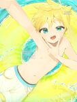  1boy aqua_eyes arm_up armpit_crease armpits bishounen blonde_hair commentary_request day dutch_angle from_above hair_between_eyes hand_up highres kagamine_len looking_at_viewer lying male_child male_focus male_swimwear navel nipples on_innertube on_side open_mouth outdoors pwww short_hair shorts sidelocks solo splashing swim_trunks swimsuit teeth topless_male twitter_username upper_teeth_only v vocaloid water watermark white_shorts 