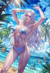  1girl arina_nary armpits arms_up ass_visible_through_thighs beach bikini breasts cleavage crab final_fantasy final_fantasy_xiv highres long_hair loporrit navel ocean palm_tree rock sand standing stomach sunlight swimsuit toned tree venat_(ff14) very_long_hair water waves wet white_hair 