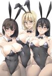  3girls animal_ears black_bow black_bowtie black_hair black_leotard blonde_hair blush bow bowtie breasts brown_hair brown_pantyhose cleavage collarbone commentary_request covered_navel detached_collar fake_animal_ears hair_between_eyes highleg highleg_leotard highres large_breasts leotard long_hair looking_at_viewer mole mole_under_eye mole_under_mouth multiple_girls open_mouth original pantyhose parted_lips playboy_bunny rabbit_ears short_hair smile strapless strapless_leotard white_background zekkyon 