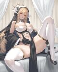  1girl armpits azur_lane bare_shoulders between_breasts black_gloves blonde_hair blush breast_cutout breasts cuboon fake_horns gloves horns implacable_(azur_lane) large_breasts long_bangs long_hair looking_at_viewer navel nun pelvic_curtain red_eyes revealing_clothes revision sidelocks smile solo spread_legs thighhighs thighs two-tone_dress veil very_long_hair white_background white_horns white_thighhighs 