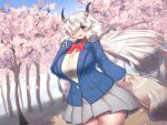  2_horns :d big_breasts blush bottomwear breasts brown_eyes cherry_blossom clothed clothing female hair hair_over_eye hi_res horn humanoid kemono_friends long_hair mo23 one_eye_obstructed open_mouth plant ribbons school_uniform skirt smile solo tree uniform white_hair yak_(kemono_friends) yak_humanoid 
