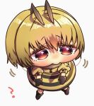  1girl ? antenna_hair arthropod_girl bee_girl black_footwear black_mittens blonde_hair brown_eyes chibi dress gradient_eyes harumina_mau multicolored_eyes original purple_eyes short_hair simple_background solo striped striped_dress white_background yellow_dress 