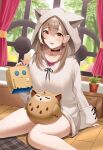  1girl 6177nanairo7716 absurdres animal_hood bare_legs berry black_choker brown_eyes brown_hair brown_hoodie choker curtains drawer earrings ears_through_headwear food-themed_earrings friend_(nanashi_mumei) highres hololive hololive_english hood hood_up hoodie hootsie_(nanashi_mumei) jewelry long_hair looking_at_viewer multicolored_hair nail_art nanashi_mumei necklace official_alternate_costume oversized_clothes plant potted_plant red_shirt runes shirt sitting sitting_on_lap sitting_on_person sleeves_past_wrists smile streaked_hair sweater tree virtual_youtuber white_sweater window 
