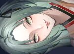  1girl black_ribbon close-up eyelashes green_eyes green_hair hair_ribbon highres lipstick long_hair looking_at_viewer makeup parted_bangs parted_lips path_to_nowhere pink_lips portrait ribbon sidelocks simple_background smile solo toho10min wendy_(path_to_nowhere) 
