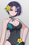  1girl black_choker black_one-piece_swimsuit blue_hair choker commentary_request covered_navel drop_shadow fire_emblem fire_emblem:_three_houses fire_emblem_heroes flower grey_background hair_flower hair_ornament komurice looking_at_viewer official_alternate_costume one-piece_swimsuit purple_eyes shamir_nevrand short_hair simple_background solo swimsuit upper_body yellow_flower 