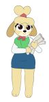  accessory animal_crossing anthro bottomwear bow_ribbon breasts brown_eyes canid canine canis clothing curvy_figure domestic_dog eyelashes female fur guak hair hair_accessory hair_bun hairband holding_object humanoid isabelle_(animal_crossing) long_sleeves looking_at_viewer mammal nintendo secretary skirt smile solo yellow_body yellow_fur 