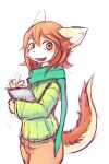  2:3 anthro blush bottomwear clothed clothing colored_sketch female fur glistening glistening_eyes green_clothing green_scarf green_topwear hair half-length_portrait hi_res holding_object kuttoyaki looking_at_viewer open_mouth open_smile orange_bottomwear orange_clothing orange_hair orange_pants pants portrait scarf simple_background sketch smile solo standing topwear white_background white_body white_fur yellow_body yellow_fur 