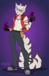  anthro biped clothed clothing dipstick_ears felid feline fur hair hi_res inner_ear_fluff kittydee male mammal multicolored_ears smile solo striped_body striped_fur stripes tuft 