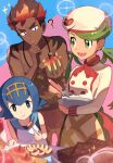  1boy 2girls :d :t ? abs apple apple_slice blue_eyes blue_hair blue_sailor_collar blurry blurry_foreground bowl bright_pupils buttons candy chocolate chocolate_bar closed_mouth commentary_request dark-skinned_male dark_skin eating food fruit green_eyes green_hair hairband hat highres holding holding_food holding_fruit holding_whisk jewelry kiawe_(pokemon) lana_(pokemon) mallow_(pokemon) multiple_girls natupath_summer navel necklace no_sclera official_alternate_costume open_mouth pokemon pokemon_(game) pokemon_masters_ex pokemon_sm sailor_collar shirt short_hair shorts sleeveless sleeveless_shirt smile sparkle swept_bangs topless_male twintails whipped_cream whisk white_pupils white_shirt yellow_hairband 
