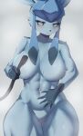 2023 5_fingers anthro big_breasts black_nose blue_body blue_fur blue_sclera blush blush_lines bodily_fluids breast_play breasts claws digital_media_(artwork) eeveelution eyebrows eyelashes featureless_breasts featureless_crotch female finger_claws fingers front_view fur generation_4_pokemon glaceon hi_res holding_object light_theme long_ears looking_at_viewer miyanokoko muscular muscular_anthro muscular_female muscular_thighs narrowed_eyes navel nintendo pokemon pokemon_(species) simple_background solo standing sweat sweaty_breasts thick_thighs 