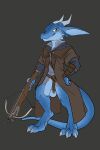  5_fingers anthro balls biped black-kitten blue_body claws clothed clothing countershade_face countershading crossbow digitigrade fingers foreskin genitals hi_res holding_object holding_weapon horn humanoid_genitalia humanoid_penis kobold male penis ranged_weapon scalie simple_background smile solo tail weapon 