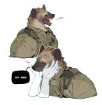  anthro clothed clothing dialogue digital_media_(artwork) do72k duo fur hair hand_on_head hi_res human hyena male male/male mammal military multicolored_body multicolored_fur open_mouth simple_background size_difference speech_bubble spots spotted_hyena teeth text tired tongue white_background yawn yellow_eyes 