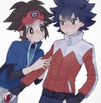  2boys black_gloves black_hair blue_jacket blush bodysuit bodysuit_under_clothes bright_pupils brown_eyes brown_hair closed_mouth commentary_request fingerless_gloves gloves highres hugh_(pokemon) jacket male_focus multiple_boys nate_(pokemon) parted_lips pokemon pokemon_(game) pokemon_bw2 red_headwear red_jacket sana_(37pisana) short_hair spiked_hair visor_cap white_background white_pupils zipper_pull_tab 