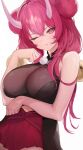  1girl bare_shoulders bell blush breasts cyobiro double_bun hair_between_eyes hair_bun halter_shirt halterneck hand_up highres horns jingle_bell large_breasts long_hair looking_at_viewer one_eye_closed oni_horns original pink_eyes pink_hair red_skirt skirt smile solo white_background 