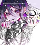  1boy :d absurdres black_hair checkered_clothes checkered_scarf danganronpa_(series) danganronpa_v3:_killing_harmony flipped_hair grey_jacket hair_between_eyes hands_up heart highres jacket kyo_ya_(utsuroya) long_sleeves looking_at_viewer male_focus oma_kokichi open_mouth purple_eyes purple_hair scarf simple_background smile solo white_background 