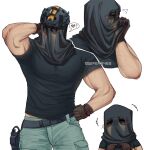  1boy ? arm_behind_head belt black_belt black_gloves black_shirt blush call_of_duty call_of_duty:_modern_warfare_2 closed_eyes covered_face facepaint gloves green_pants heart highres katsu_wifey konig_(call_of_duty) large_pectorals male_focus mask multiple_views muscular muscular_male pants pectorals shirt simple_background twitter_username white_background 