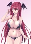  1girl bat_wings bikini breasts collarbone commentary_request cowboy_shot gradient_background hair_between_eyes hair_over_breasts head_wings highres koakuma large_breasts lips long_hair looking_at_viewer navel parted_lips pink_background playing_with_own_hair purple_bikini raised_eyebrow red_eyes red_hair sidelocks simple_background skindentation slit_pupils solo swimsuit touhou very_long_hair vision_(artist) white_background wings 