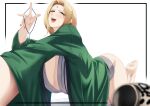  1girl bare_legs barefoot blonde_hair blueorca blurry bottomless breasts cleavage crystal_necklace depth_of_field facial_mark feet_up fingernails forehead forehead_mark green_jacket grey_kimono hanten_(clothes) huge_breasts jacket japanese_clothes kimono looking_at_viewer nail_polish naruto naruto_(series) simple_background soles solo toes 