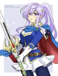  1girl alternate_costume alternate_hairstyle cape circlet cosplay fire_emblem fire_emblem:_genealogy_of_the_holy_war gloves holding holding_sword holding_weapon julia_(fire_emblem) looking_at_viewer pantyhose ponytail purple_eyes purple_hair seliph_(fire_emblem) seliph_(fire_emblem)_(cosplay) simple_background skirt solo sword tyrfing_(fire_emblem) weapon yukia_(firstaid0) 