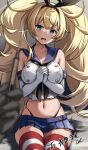  1girl bare_shoulders blonde_hair blue_eyes blue_sailor_collar blue_skirt blurry blurry_foreground blush breasts commentary_request commission cosplay crying crying_with_eyes_open eckert&amp;eich elbow_gloves gambier_bay_(kancolle) gloves hair_ribbon highleg highleg_panties highres holding holding_syringe kantai_collection large_breasts long_hair looking_at_viewer microskirt navel open_mouth own_hands_clasped own_hands_together panties pleated_skirt pov pov_hands ribbon sailor_collar shimakaze_(kancolle) shimakaze_(kancolle)_(cosplay) sitting skeb_commission skindentation skirt solo_focus striped striped_thighhighs syringe tears thighhighs twintails underwear very_long_hair white_gloves zettai_ryouiki 