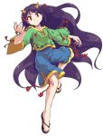  1girl alphes_(style) black_hair blue_shorts closed_mouth dairi flip-flops full_body green_shirt horns long_hair long_sleeves nippaku_zanmu oni_horns parody red_eyes sandals shirt shorts smile solo standing style_parody tachi-e touhou wide_sleeves 