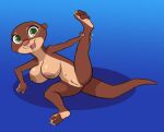  anthro anus areola biped blue_background breasts brown_body disney female genitals green_eyes hi_res looking_at_viewer mammal mrs._otterton mustelid navel nipples open_mouth otter pawpads pussy raised_leg simple_background siroc solo zootopia 