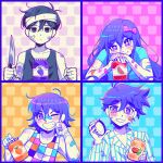  +_+ 1girl 3boys absurdres artist_name aubrey_(omori) bandaged_arm bandages bandaid bandaid_on_arm bandaid_on_face bandaid_on_nose black_eyes black_hair blood blue_shirt blush bow closed_mouth collarbone colored_skin expressionless grin hair_bow hero_(omori) highres holding holding_jar holding_knife jam jar kel_(omori) knife long_hair long_sleeves looking_at_viewer multiple_boys omori omori_(omori) one_eye_closed open_mouth pajamas parted_lips pink_bow purple_eyes purple_hair shirt short_hair short_sleeves smile tank_top teeth watermark white_skin zipsunz 