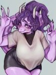  3_horns 5_fingers absurd_res alternate_version_at_source anthro big_breasts black_claws bodily_fluids bone_frill breasts ceratopsian claws clothing dinosaur eyelashes female finger_claws fingers frill_(anatomy) hair hi_res horn long_tail looking_at_viewer multi_horn ornithischian purple_body purple_eyes purple_hair purple_scales raised_hand reptile scales scalie sera_(snoot_game) shirt simple_eyes skinsuit smile smiling_at_viewer snoot_game solo spiked_frill sweat tail tendocake thick_thighs tight_clothing topwear triceratops v-neck wide_hips 