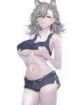  1girl 3_iq_tuna animal_ears arknights black_nails breasts brown_eyes clothes_lift cowboy_shot extra_ears grey_hair halterneck highres large_breasts mole_above_eye mole_on_forehead navel penance_(arknights) shirt_lift shorts white_background wolf_ears wolf_girl 