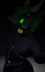  accessory anthro clothed clothing collar digital_drawing_(artwork) digital_media_(artwork) dragon glowing glowing_eyes green_body green_eyes green_hair green_scales hair harness latex looking_at_viewer male rubber rubber_clothing rubber_suit scales scalie simple_background smile solo tongue tongue_out tqualizer tqualizer(character) western_dragon 