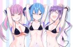  3girls absurdres arms_up bikini black_bikini blue_eyes blue_hair breasts demon_tail e-wing_(ewingillustrate) highres hololive hoshimachi_suisei large_breasts medium_breasts minato_aqua multicolored_hair multiple_girls navel navel_piercing one_eye_closed piercing pink_hair purple_eyes purple_hair side_ponytail small_breasts startend_(hololive) stomach streaked_hair struggling swimsuit tail tears tokoyami_towa twintails virtual_youtuber 