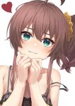  1girl :3 absurdres ahoge black_camisole blush brown_hair camisole closed_mouth collarbone green_eyes hair_ornament hair_scrunchie heart highres hololive long_hair looking_at_viewer natsuiro_matsuri scrunchie side_ponytail sidelocks smile starkamisan strap_slip upper_body virtual_youtuber 
