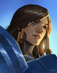  1girl armor backlighting black_hair brown_eyes chinese_commentary commentary_request facial_mark hair_tubes huabinwang overwatch overwatch_1 pharah_(overwatch) portrait signature solo 