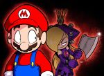  1boy 1girl absurdres axe bjsinc blonde_hair blue_overalls bracelet brandon_santiago brown_hair crown dress evil_smile facial_hair gloves hair_over_one_eye highres holding holding_axe jewelry looking_at_another mario mario_(series) mustache outcastcomix overalls red_headwear signature sleeveless sleeveless_dress smile sparkle spiked_bracelet spikes sweat warupeach white_gloves 