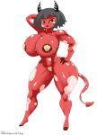  absurd_res big_breasts bikini breasts clothing demon demon_humanoid female grey_hair hair helluva_boss hi_res horn humanoid imp lin_(helluva_boss) mature_female muscular muscular_female red_body simple_background smile solo swimwear tail thick_thighs totonaito 