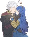  1boy 1girl ameno_(a_meno0) belt black_gloves black_robe blue_cape blue_eyes blue_gloves blue_hair blush brown_belt brown_eyes cake cape commentary_request fingerless_gloves fire_emblem fire_emblem_awakening food fork gloves hair_between_eyes hand_on_another&#039;s_back hand_on_another&#039;s_face hetero hood hood_down hooded_robe hug imminent_kiss long_hair long_sleeves looking_at_viewer lucina_(fire_emblem) one_eye_closed robe robin_(fire_emblem) robin_(male)_(fire_emblem) short_hair simple_background sweatdrop tiara white_background white_hair 
