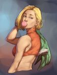  1girl blonde_hair blue_eyes blue_mary breasts bubble chewing chewing_gum crop_top english_commentary fatal_fury fatal_fury_3 jacket jacket_on_shoulders looking_at_viewer mick_cortes portrait the_king_of_fighters toned turning_head upper_body 