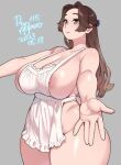  1girl agawa_ryou apron artist_name breasts brown_hair curvy grey_background large_breasts long_hair naked_apron nipples original sideboob simple_background solo thick_thighs thighs wide_hips 