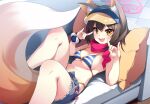  1girl :d animal_ear_fluff animal_ears bikini blue_archive blue_shorts breasts brown_hair commentary_request couch denim denim_shorts double_fox_shadow_puppet fang fox_ears fox_girl fox_shadow_puppet fox_tail halo highres izuna_(blue_archive) izuna_(swimsuit)_(blue_archive) looking_at_viewer lying medium_breasts mofu_namako navel official_alternate_costume on_back on_couch open_mouth pillow red_halo short_hair short_shorts shorts smile solo striped striped_bikini swimsuit tail visor_cap yellow_eyes 