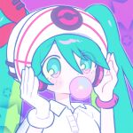  1girl beanie blue_eyes blue_hair bracelet bubble_blowing chewing_gum collared_shirt gloves green_hair hair_between_eyes hair_ribbon hands_on_headphones hands_up hat hatsune_miku headphones highres jewelry long_hair multicolored_hair pokemon project_voltage psychic_miku_(project_voltage) purple_background red_ribbon ribbon shirt single_glove slwii2 solo star_(symbol) twintails upper_body vocaloid white_gloves white_headwear white_shirt 