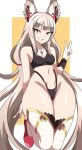  1girl absurdres abysswatchers animal_ears breasts cat_ears chest_jewel cleavage ear_covers facial_mark grey_hair highres legs_together long_hair low_twintails navel nia_(blade)_(xenoblade) nia_(xenoblade) smile sports_bra stomach thick_thighs thighhighs thighs thong twintails v very_long_hair whisker_markings wide_hips xenoblade_chronicles_(series) xenoblade_chronicles_2 xenoblade_chronicles_3 