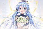  1girl :d artist_request blue_hair blush bouquet crossed_arms eyelashes floating_hair flower green_eyes grey_background hair_between_eyes hair_ribbon happy holding holding_bouquet hoshino_yumemi long_hair long_ribbon long_sleeves looking_at_viewer low_twintails open_mouth planetarian ribbon robot_ears second-party_source simple_background smile solo straight-on twintails upper_body very_long_hair white_flower yellow_ribbon 
