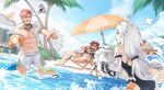  1boy 2girls absurdres ahoge artist_request beach beach_umbrella black_one-piece_swimsuit bra can detached_sleeves drinking highres holding holding_can lifebuoy long_hair multiple_girls navel no.21_(punishing:_gray_raven) noctis_(punishing:_gray_raven) non-humanoid_robot ocean one-piece_swimsuit pointing punishing:_gray_raven red_bra red_eyes red_hair robot rubber_duck scar scar_on_face short_hair shorts sleeves_past_fingers sleeves_past_wrists starfish swimsuit tongue tongue_out twintails umbrella underwear vera_(punishing:_gray_raven) white_hair white_shorts white_sleeves 