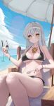  1girl absurdres bare_arms bare_legs bare_shoulders beach_umbrella bikini black_bikini breasts chair cleavage closed_mouth commentary_request commission cup day drinking_glass feet_out_of_frame food halterneck highres holding holding_cup hwan_(verypoor) ice_cream jewelry korean_commentary large_breasts long_hair looking_at_viewer navel necklace original outdoors second-party_source side-tie_bikini_bottom smile solo spoon stomach strap_gap string_bikini swimsuit thighs umbrella white_hair yellow_eyes yin_yang 