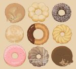  absurdres animal avogado6 brown_background brown_fur cat chocolate_doughnut closed_eyes commentary curled_up dog doughnut food food_focus french_cruller highres icing no_humans old-fashioned_doughnut original pon_de_ring sleeping sprinkles tail 