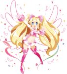  1girl arm_up armpits blonde_hair blue_eyes blush boots bracelet confetti disgaea disgaea_rpg elbow_gloves feathers flonne full_body gloves heart highres jewelry long_hair looking_at_viewer magical_girl miniskirt navel non-web_source official_art open_mouth photoshop_(medium) pink_footwear pure_flonne skirt solo thigh_boots transparent_background twintails very_long_hair wings 