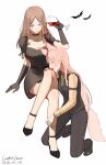  2girls animal_ears bang_dream! bang_dream!_it&#039;s_mygo!!!!! bat_(animal) blush breasts brown_hair character_request closed_eyes comfort_zoner crossed_legs dated highres invisible_penis large_breasts licking licking_leg long_hair multiple_girls parted_lips pink_hair pouring pouring_onto_another signature sitting tail tongue tongue_out yuri 