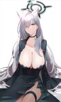  1girl animal_ear_fluff animal_ears black_choker black_gloves blue_archive breasts choker cleavage cropped_jacket gloves grey_hair hair_over_one_eye halo highres kakumayu large_breasts long_hair long_sleeves looking_at_viewer shiroko_(blue_archive) shiroko_(terror)_(blue_archive) simple_background solo thigh_strap very_long_hair white_background wolf_ears 