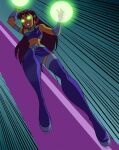  1girl christina_marie_lacey colored_skin dc_comics energy_ball glowing glowing_eyes highres orange_skin panties pantyshot purple_panties purple_skirt skirt solo starfire teen_titans underwear upskirt 